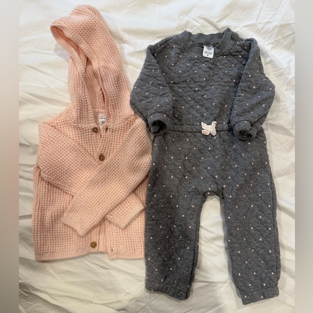 Carter’s Infant Baby Bundle Lot Long Sleeve Quilted Jumpsuit and Sweater 12M
